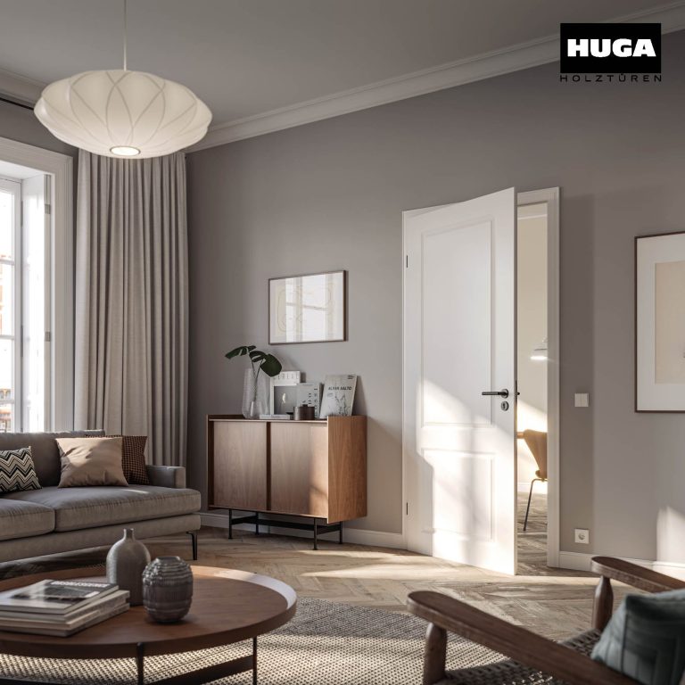 Modernes Wohnzimmer mit neutralen Farben, Sofas, einem Sideboard und einem großen Fenster.