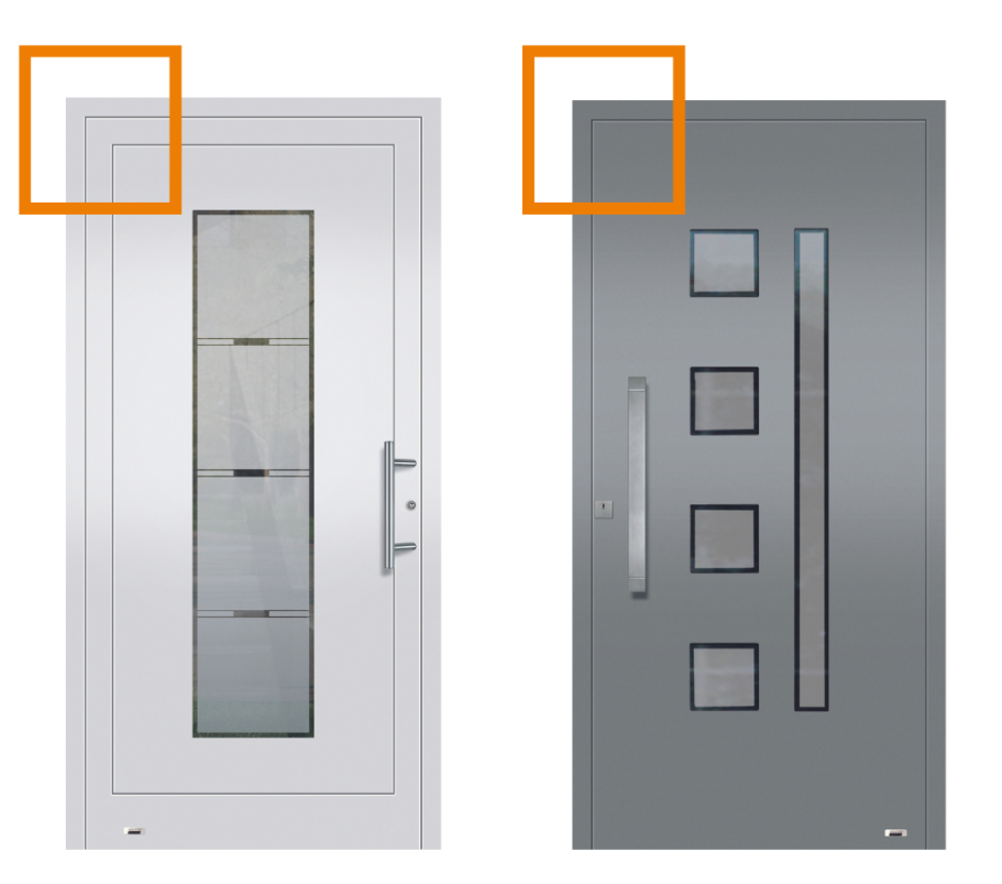 Zwei Haustüren: eine in Weiß mit Glasfeldern, die andere in Grau mit quadratischen Fenstern.