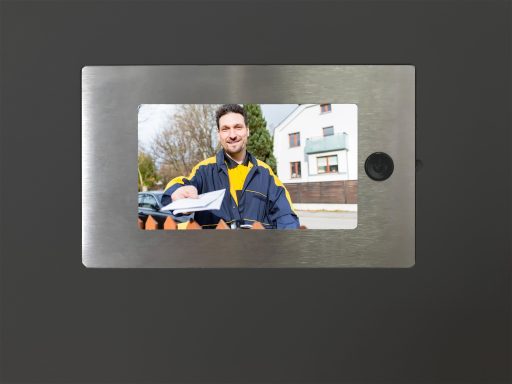 Mann in Arbeitskleidung zeigt lächelnd ein Gerät vor einem modernen Gebäude. Durchsicht durch einen digitalen Türspion.