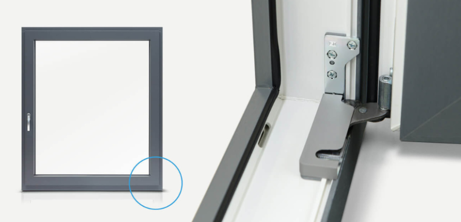 Grauer Fensterrahmen mit Detailansicht eines Scharniers und einer Schiene.